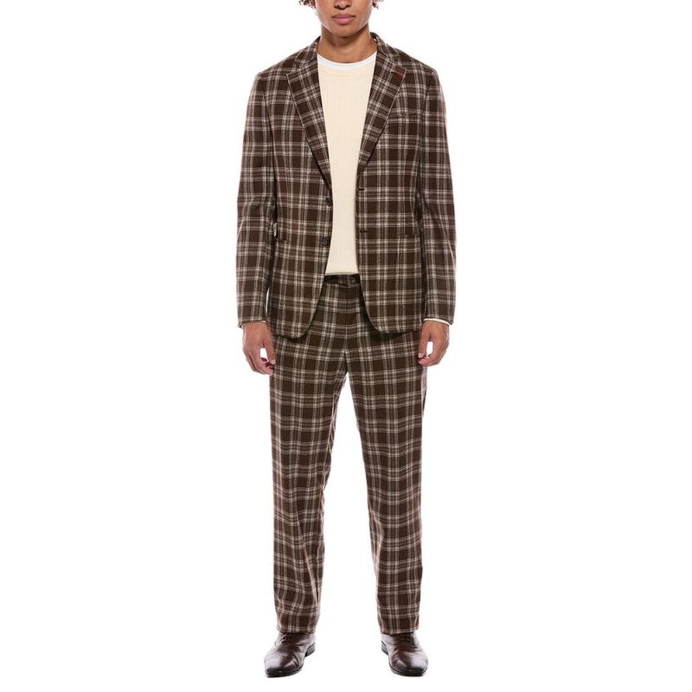 Isaia Mens  Capri Wool Suit With Flat Front Pant, Brown